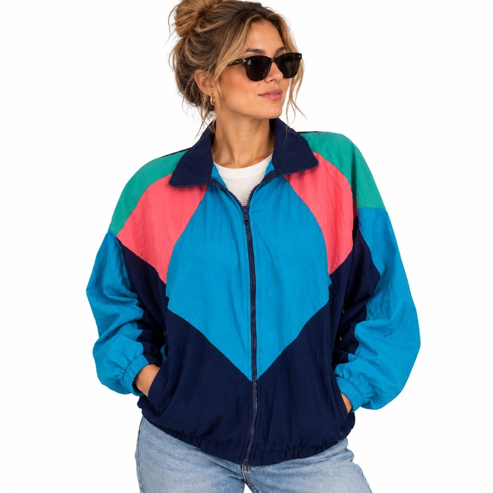 Vintage Colorblock Windbreaker Jacket XL 2X 80s 90s Boxy Retro Track Neon Baggy